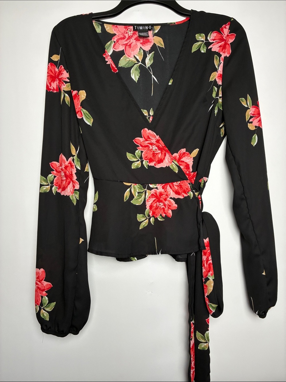 Timing Y2K Black Wrap Blouse with Red Floral Print